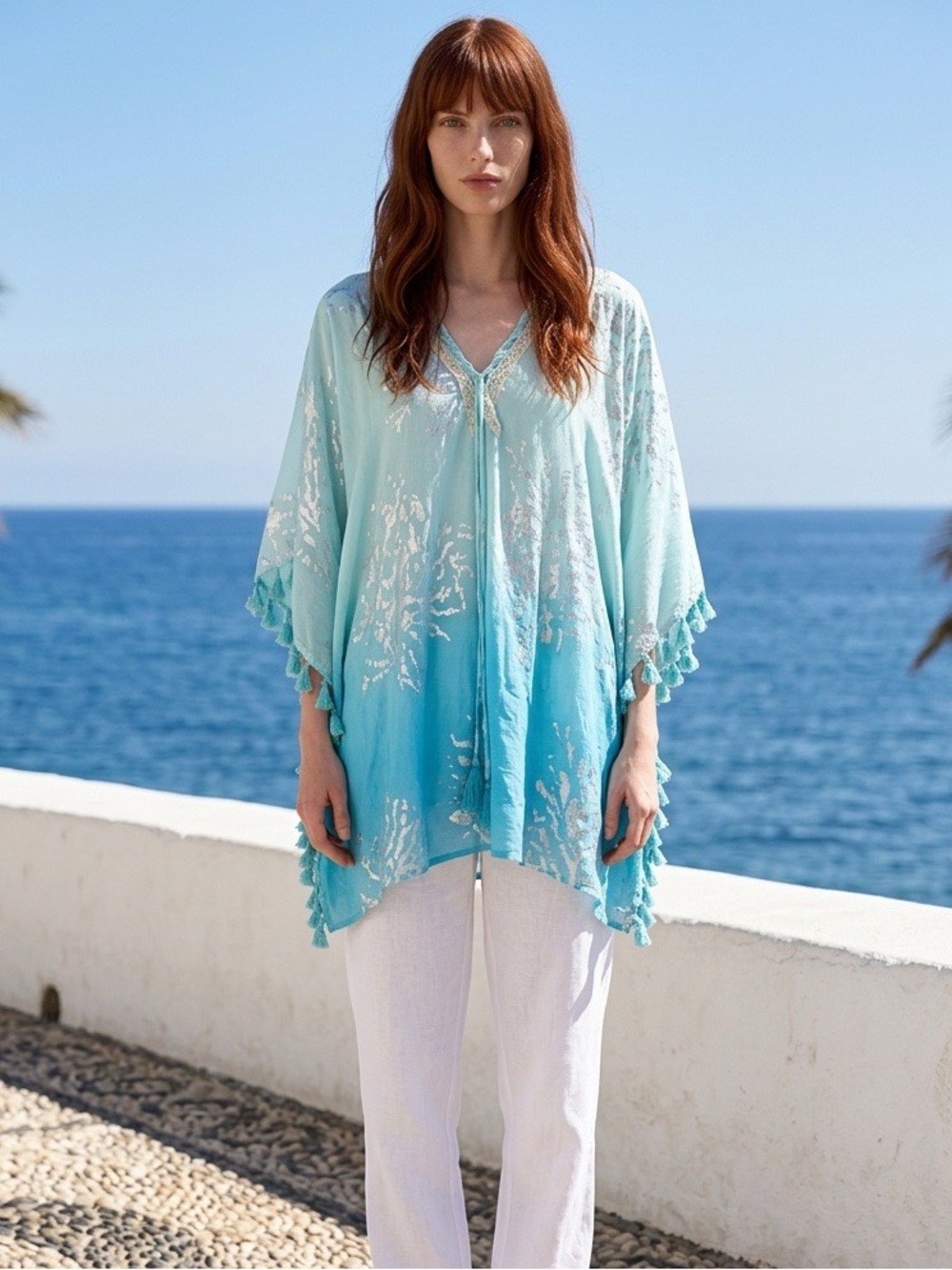 Debra Katz Aqua & Silver Elegant Women’s Tunic Blouse Dressy Top 100% Cotton